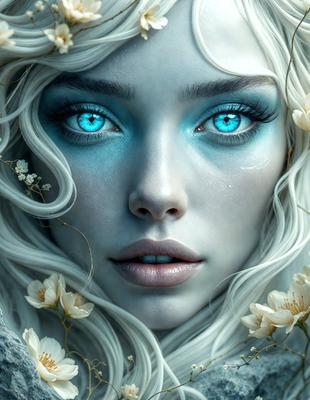 The primary subject of the image is a woman with white hair and blue eyes. She is surrounded by a beautiful floral background, which adds to the overall mood of the image. The visual style of the image is a digital art, creating a surreal and dreamy atmosphere. The colors in the image are predominantly white and blue, which contribute to the serene and peaceful mood of the scene.